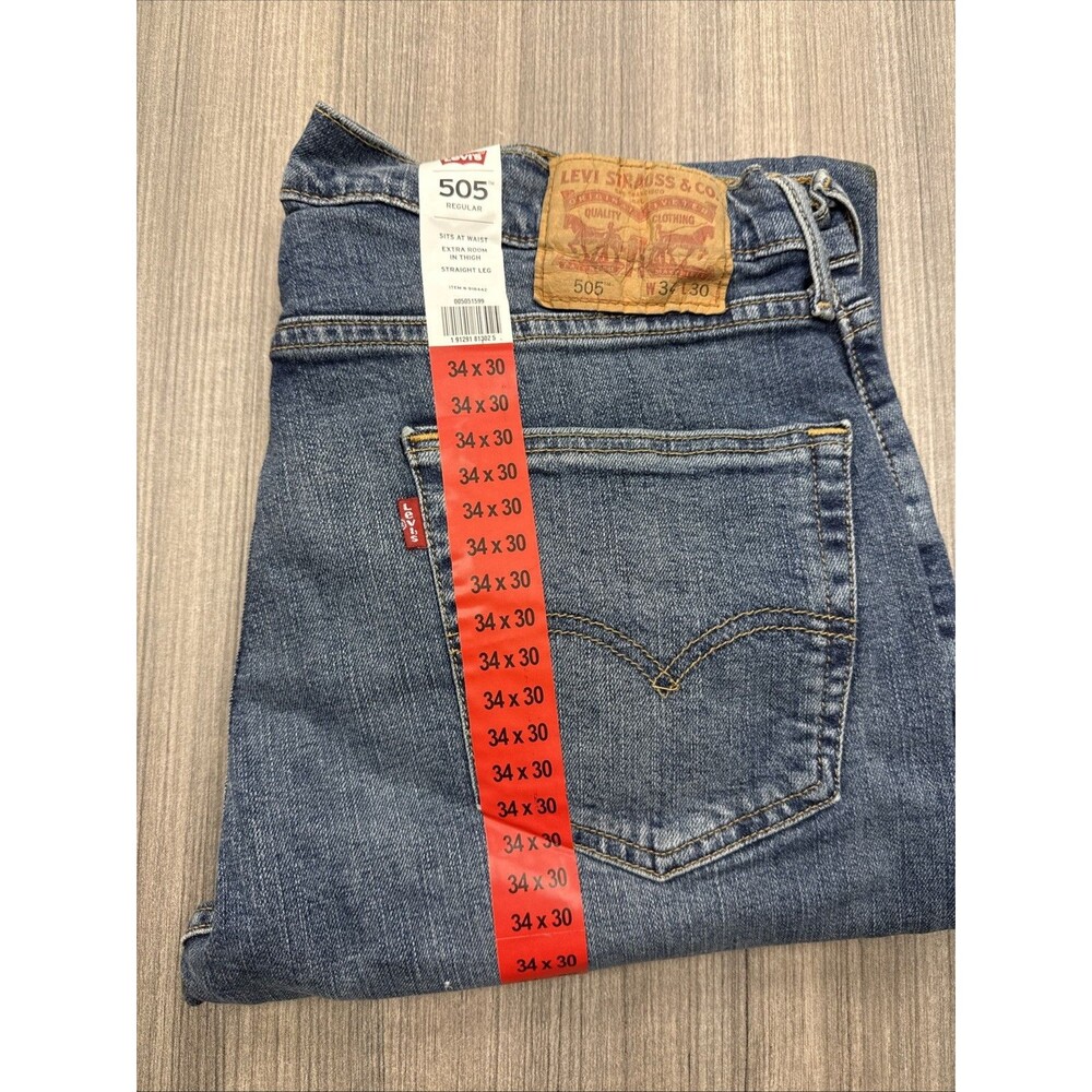 Levi's 505 Straight Regular Fit Jeans Pockets Cotton Blend Blue Mens 34 30 NWT